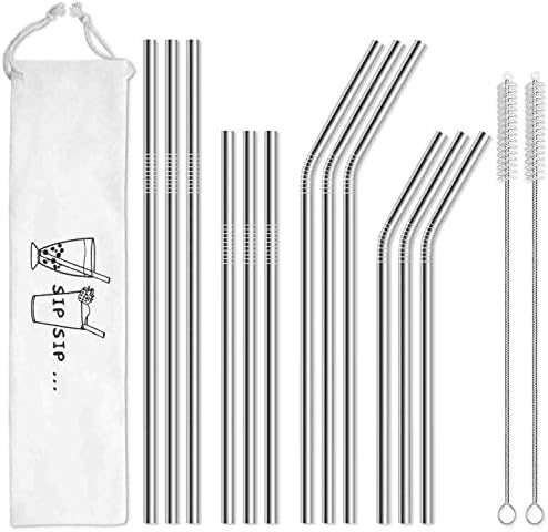Hiware 12-Pack Reusable Stainless Steel Metal Straws with Case – Long Drinking Straws for 30 oz and 20 oz Tumblers Yeti Dishwasher Safe – 2 Cleaning Brushes Included