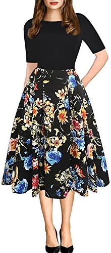 oxiuly Women’s Vintage Patchwork Pockets Puffy Swing Casual Party Dress OX165