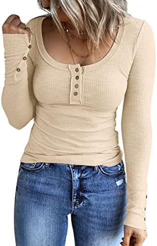 Kissfix Women’s Long Sleeve Shirts Casual Fall Henley Top Button Down Blouses Basic Ribbed Knit T Shirts