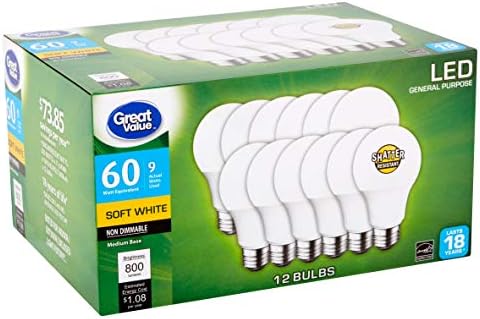 Great Value LED 9 Watts Soft White Medium Base Bulbs, 12 Count