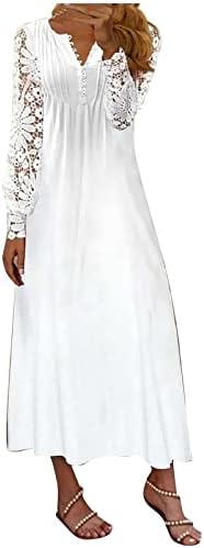 Women’s Midi Dresses Lace Splice Long Sleeve Dress Summer Party Button V Neck Dress Printed Floral, S-3XL