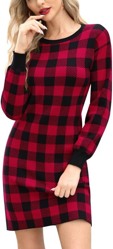 Spadehill Women Casual Crew Neck Knit Plaid Pullover Sweater Dress