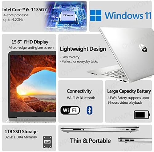HP 15.6 inch Laptop, Intel Core i5-1135G7 Processor, 15.6" FHD Anti-Glare LED Display, HDMI, Wi-Fi and Bluetooth, Lightweight Design, Fast Charge, Windows 11 Home (32GB RAM | 1TB SSD) - Image 2