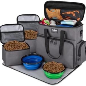 Dog Travel Backpack by Goloni - for a Weekend Away Set Includes Pet Travel Organizer for Accessories, 2 Collapsible Bowls, 2 Food Container,Light Grey