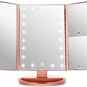 Infitrans 3 Folds Lighted Vanity Makeup Mirror,1X/2X/3X Magnification, 21 LED Light Bright Table Mirror with Touch Screen,180 Adjustable Rotation,Portable Travel Cosmetic Mirror