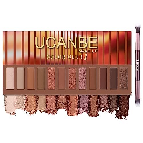 UCANBE 12 Color Eyeshadow Makeup Palette, Naked Nude Eye Shadow, Neutral Matte Shimmer Make Up Pallet with Double-ended Brush Set Kit, Highly Pigmented Long Lasting Waterproof (01)