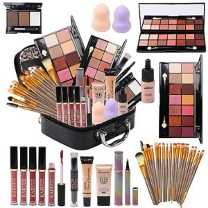 MTDXILTAI All in One Makeup Kit for Makeup storage bag 2X14 Colors Eyeshadow Palette Liquid Foundation Eyeliner Pencils Contouring Stick Lip Gloss Eyebrow Pencils 20Pcs Makeup Brushes etc For Women Girls Teens (Black)