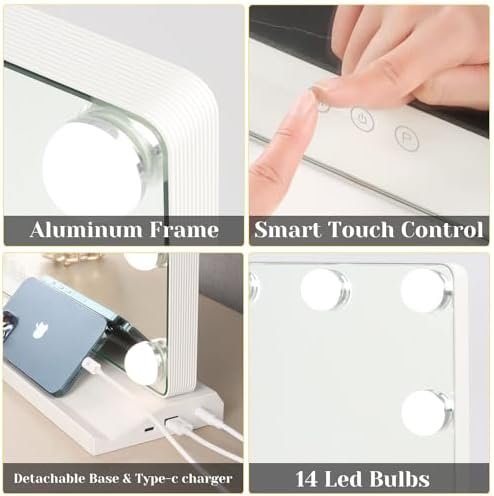 LOWIXI Hollywood 14 Bulb Makeup Mirror 20"X16", 3 Color Settings, Smart Controls, with USB Charging Port, Aluminum Frame,White - Image 2