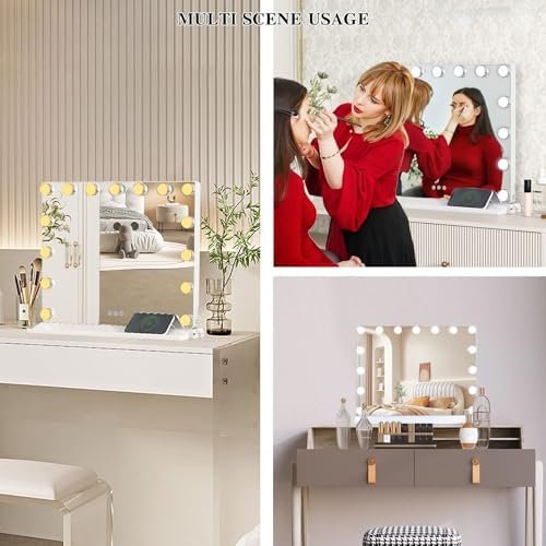 LOWIXI Hollywood 14 Bulb Makeup Mirror 20"X16", 3 Color Settings, Smart Controls, with USB Charging Port, Aluminum Frame,White - Image 6