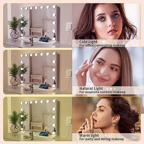 LOWIXI Hollywood 14 Bulb Makeup Mirror 20"X16", 3 Color Settings, Smart Controls, with USB Charging Port, Aluminum Frame,White - Image 4