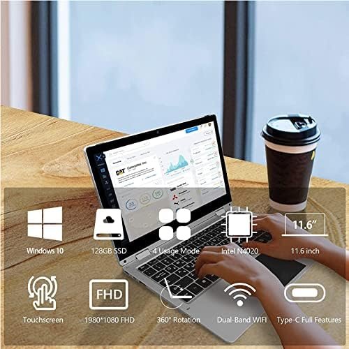 Windows Laptop, 2 in 1 Laptop with Touchscreen, 11.6 inch FHD Laptop Computer, 4GB RAM, 128GB SSD Storage, 360 Degree Convertible Tablet Intel Celeron N4020 Processor, Webcam, WiFi, Type-C, Silver - Image 4