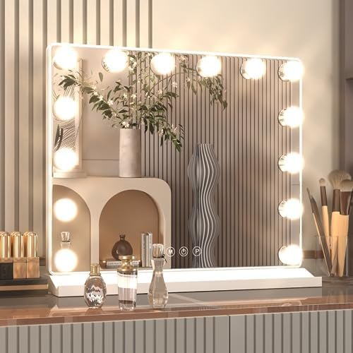 LOWIXI Hollywood 14 Bulb Makeup Mirror 20"X16", 3 Color Settings, Smart Controls, with USB Charging Port, Aluminum Frame,White