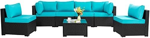 Shintenchi 7 Pieces Outdoor Patio Sectional Sofa Couch, Black PE Wicker Furniture Conversation Sets with Washable Cushions & Glass Coffee Table for Garden, Poolside, Backyard (Blue)