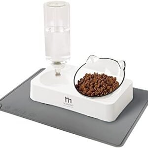 Marchul Tilted Cat Food Bowl with Feeding Mat for Food and Water, Food Feeding Dishes for Raised Cats and Puppies