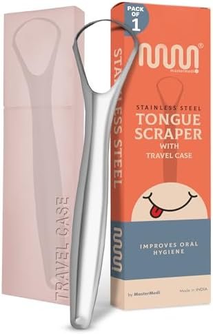 MasterMedi Tongue Scraper for Adults, 100% Stainless Steel Tongue Scrubber for Bad Breath, Easy to Use, Tongue Cleaner for Oral Care & Hygiene (SPTC-1|with Case)