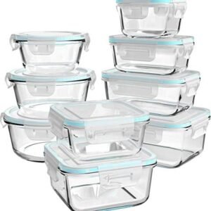 Glass Food Storage Containers with Lids, [18 Piece] Meal Prep Containers for Food Storage , BPA Free & Leak Proof (9 Lids & 9 Containers)
