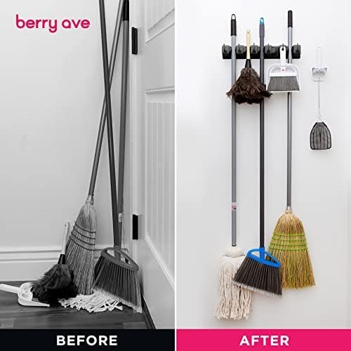 Berry Ave Broom Holder & Wall Mount Garden Tool Organizer - Home Laundry Room, Kitchen, Closet, Shed, Garage Organization and Storage Utility Rack - 5 Slots & 6 Hooks -Rake, Shovel, Mop Hanger (Black) - Image 5