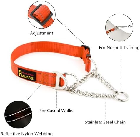Plutus Pet Martingale Dog Collar with Stainless Steel Chain and Reflective Nylon, Adjustable No Pull Training Collar, for Small Medium, and Large Dogs, Orange, M - Image 2