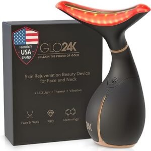 GLO24K Red Light Skin Rejuvenation Beauty Device for Face and Neck. Based on Triple Action LED, Thermal, and Vibration Technologies. Lifts and Tightens Sagging Skin for a Radiant Appearance.