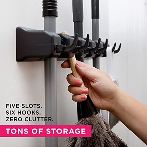 Berry Ave Broom Holder & Wall Mount Garden Tool Organizer - Home Laundry Room, Kitchen, Closet, Shed, Garage Organization and Storage Utility Rack - 5 Slots & 6 Hooks -Rake, Shovel, Mop Hanger (Black) - Image 2