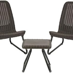 Keter Rio 3 Piece Resin Wicker Patio Furniture Set with Side Table and Outdoor Chairs, Brown