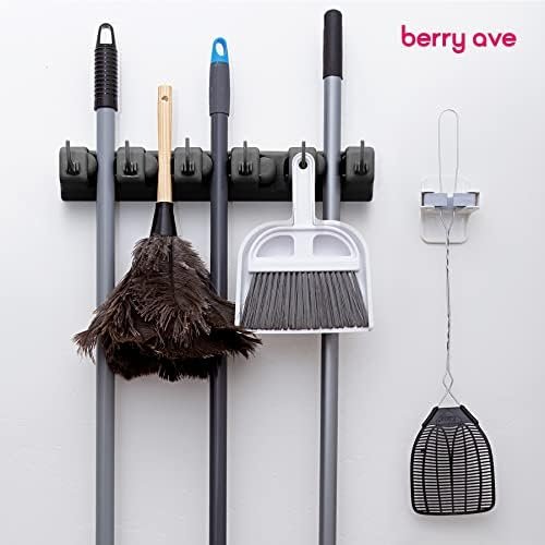 Berry Ave Broom Holder & Wall Mount Garden Tool Organizer - Home Laundry Room, Kitchen, Closet, Shed, Garage Organization and Storage Utility Rack - 5 Slots & 6 Hooks -Rake, Shovel, Mop Hanger (Black) - Image 8