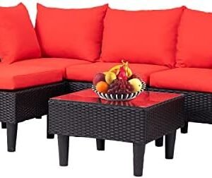 FDW Patio Furniture Sets 5 Pieces Outdoor Wicker Conversation Set Sectional Sofa Rattan Chair for Outdoor Backyard Porch Poolside Balcony Garden Furniture with Coffee Table,Red Cushion