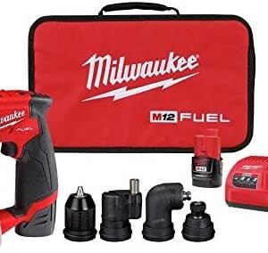 Milwaukee 2505-22 M12 Fuel Installation Drill/Driver Kit, Compact, Forward/Reverse Switch, Keyless Chuck, LED Light, Variable Speed