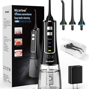 Nicefeel Cordless and Rechargeable Water Flosser - 300ML Water Tank Oral Irrigator, 4 Jet Tips, 3 Pressure Modes - IPX7 Waterproof and Travel Friendly for Dental Care Black