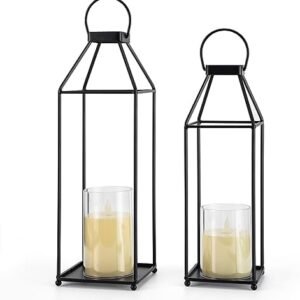 Lanterns Decorative Outdoor 2PCS Living Room Decor Lantern Black Metal Lantern Front Porch Decor Lanterns Decor Indoor with LED Candle Lanterns Decor No Glass for Indoor Outdoor (Small&Large, 2Pcs)