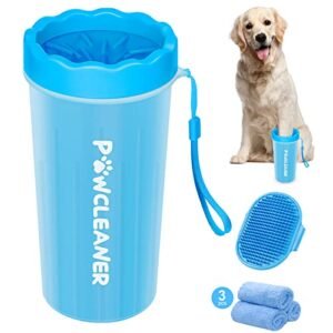 Comotech Dog Paw Cleaner for Large Dogs (with Dog Bath Brush&3 Absorbent Towels) Dog Paw Washer, Dog Foot Cleaner, Dog Bath Brush with Adjustable Ring Handle for Long Short Haired Dogs (Large,Blue)