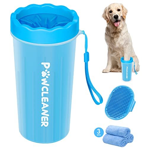 Comotech Dog Paw Cleaner for Large Dogs (with Dog Bath Brush&3 Absorbent Towels) Dog Paw Washer, Dog Foot Cleaner, Dog Bath Brush with Adjustable Ring Handle for Long Short Haired Dogs (Large,Blue)