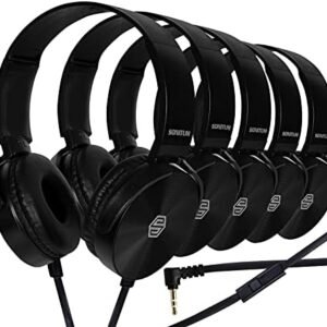 Classroom Headphones-Bulk 10-Pack, Student On Ear Comfy Swivel Earphones for Library, School, Airplane, Kids-for Online Learning and Travel, HQ Stereo Sound 3.5mm Jack (Black with Microphone)