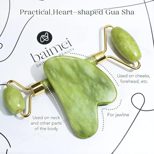 BAIMEI Gua Sha & Jade Roller Facial Tools Face Roller and Gua Sha Set for Puffiness and Redness Reducing Skin Care Routine, Self Care Gift for Men Women - Green - Image 3