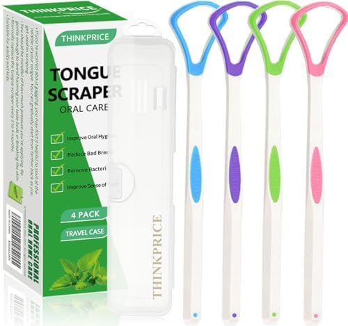 Tongue Scraper Cleaner 100% BPA Free Tongue Scrapers with Travel Handy Case for Adults, Kids, Healthy Oral Care, Easy to Use, Help Fight Bad Breath (4 PACK)