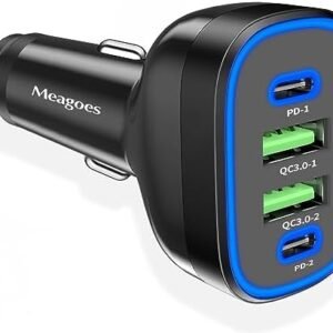 USB C Car Charger, Meagoes 72W 4 Ports Super Fast Automobile Charger Compatible for iPhone 15 Pro/Max/14/13/12/11/iPad Air, Samsung Galaxy S24/S23 Plus/Ultra/S22 Type C Cigarette Lighter USB Charger