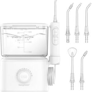Sawgmore Water Dental Flosser Teeth Pick, 10 Adjustable Pressure, 600ml Large Capacity, Electric Oral Irrigator Water Floss for Teeth Cleaning, 5 Water Jet Tips for Family (White)