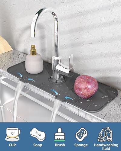 Kitchen Sink Splash Guard - Silicone Faucet Handle Drip Catcher Tray, Dish Soap Dispenser and Sponge Holder Mat Behind Faucet, Kitchen Guard Gadgets Sink Accessories for Kitchen Counter and Bathroom - Image 2