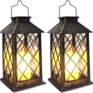 SHYMERY Solar Lantern,Outdoor Garden Hanging Lanterns,2 Pack 14 Inch Lasts 3X Longer 10 lumens Waterproof LED Flickering Flameless Candle Mission Lights for Table,Outdoor,Party Decorative
