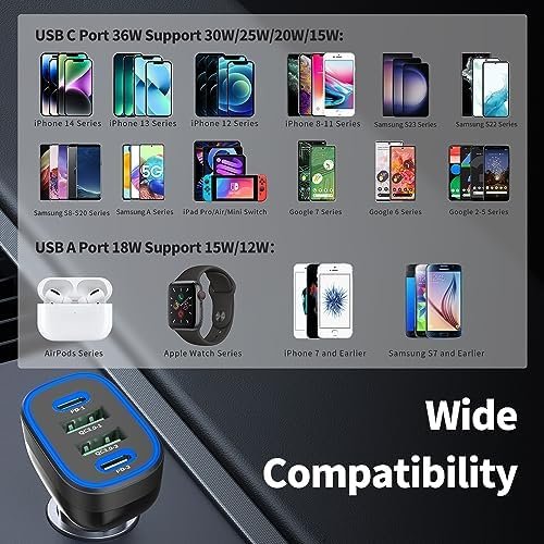 USB C Car Charger, Meagoes 72W 4 Ports Super Fast Automobile Charger Compatible for iPhone 15 Pro/Max/14/13/12/11/iPad Air, Samsung Galaxy S24/S23 Plus/Ultra/S22 Type C Cigarette Lighter USB Charger - Image 5