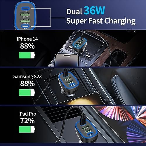 USB C Car Charger, Meagoes 72W 4 Ports Super Fast Automobile Charger Compatible for iPhone 15 Pro/Max/14/13/12/11/iPad Air, Samsung Galaxy S24/S23 Plus/Ultra/S22 Type C Cigarette Lighter USB Charger - Image 3