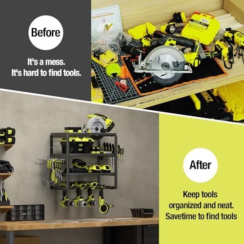 4 Layer Power Tool Organizer Wall Mount, Battery Tools Holder with Charging Station Shelf, Cordless Drill Hanger Storage Rack for Garage Organization, Workshop, Pegboard - 16 Inch 4 Slots - Image 4