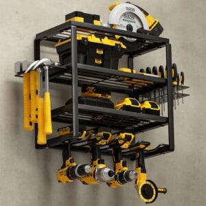 4 Layer Power Tool Organizer Wall Mount, Cordless Drill Hanger Storage Rack, Battery Tools Holder with Charging Station Shelf for Garage Organization, Workshop, Pegboard, Shed - 16 Inch 4 Slots
