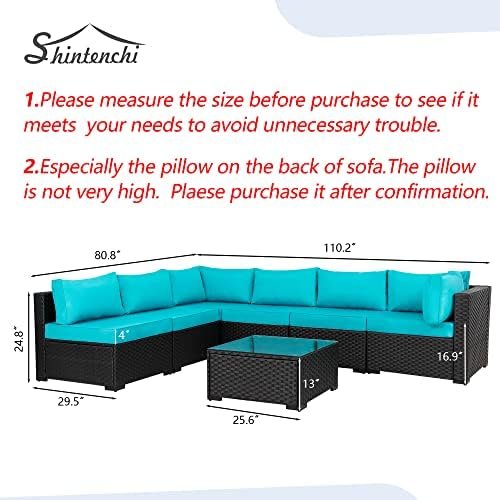 Shintenchi 7 Pieces Outdoor Patio Sectional Sofa Couch, Black PE Wicker Furniture Conversation Sets with Washable Cushions & Glass Coffee Table for Garden, Poolside, Backyard (Blue) - Image 3