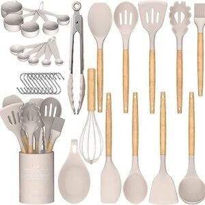 Umite Chef Kitchen Cooking Utensils Set, 33 pcs Non-Stick Silicone Cooking Kitchen Utensils Spatula Set with Holder, Wooden Handle Silicone Kitchen Gadgets Utensil Set (Khaki)