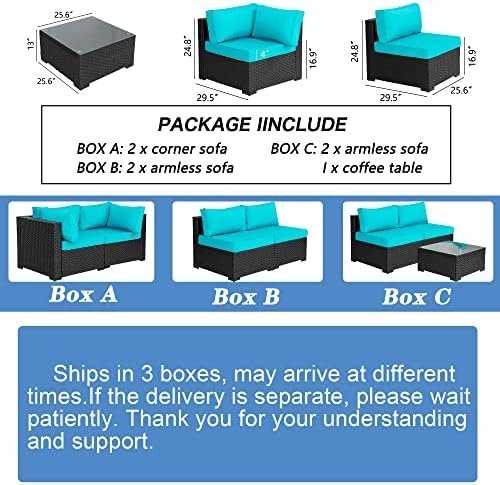 Shintenchi 7 Pieces Outdoor Patio Sectional Sofa Couch, Black PE Wicker Furniture Conversation Sets with Washable Cushions & Glass Coffee Table for Garden, Poolside, Backyard (Blue) - Image 6