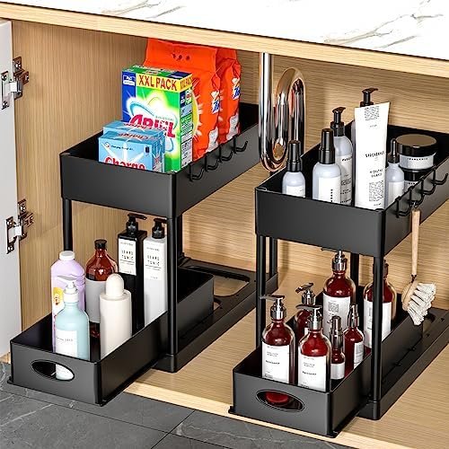 PUILUO Under Sliding Cabinet Basket Organizer, 2 Tier Under Sink Organizers Black Under Sink Storage for Bathroom Kitchen - Image 4