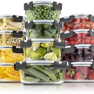 FineDine 24 Piece Glass Storage Containers with Lids - Leak Proof, Dishwasher Safe Glass Food Storage Containers for Meal Prep or Leftovers, Gray