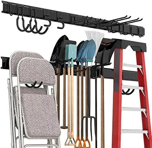 Garage Tool Storage Rack, Heavy Duty Garage Storage Organizer Rack System Wall Mounted Tool with 12 double hooks, 4 rails Garden Tool Rack