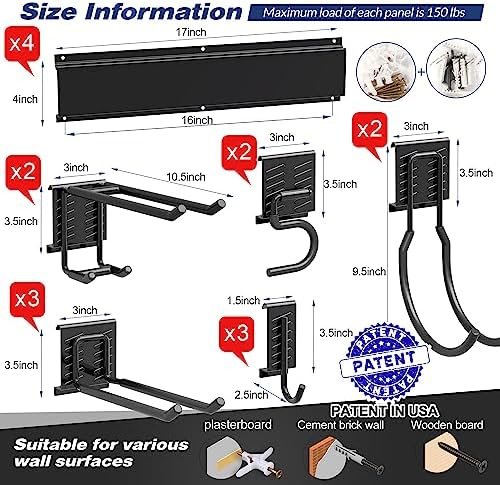 Garage Tool Storage Rack, Heavy Duty Garage Storage Organizer Rack System Wall Mounted Tool with 12 double hooks, 4 rails Garden Tool Rack - Image 2